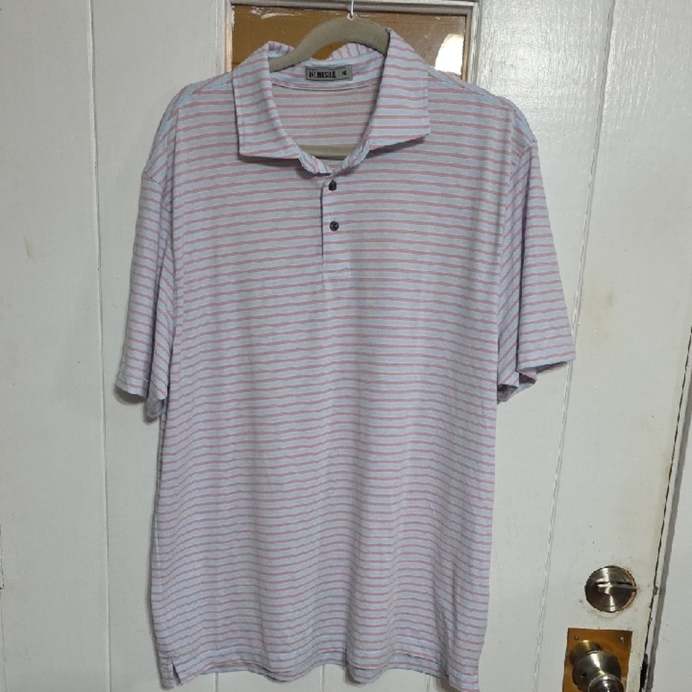 Linksoul Men's Golf Polo Shirt Pale Blue/Reddish Stripe Collar Lightweight Sz XL